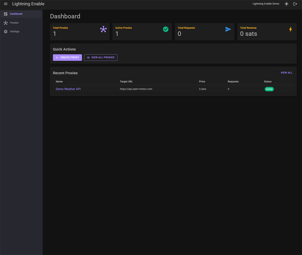 Lightning Enable dashboard home — total proxies, active proxies, total requests, total revenue in sats, and a Recent Proxies table
