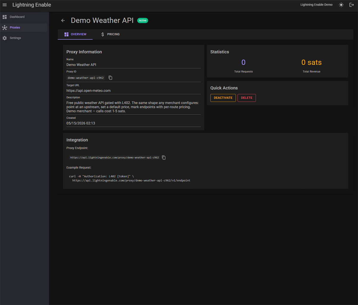 Lightning Enable proxy overview — proxy details, request and revenue statistics, quick actions, and the hosted endpoint with a copy-paste example L402 request