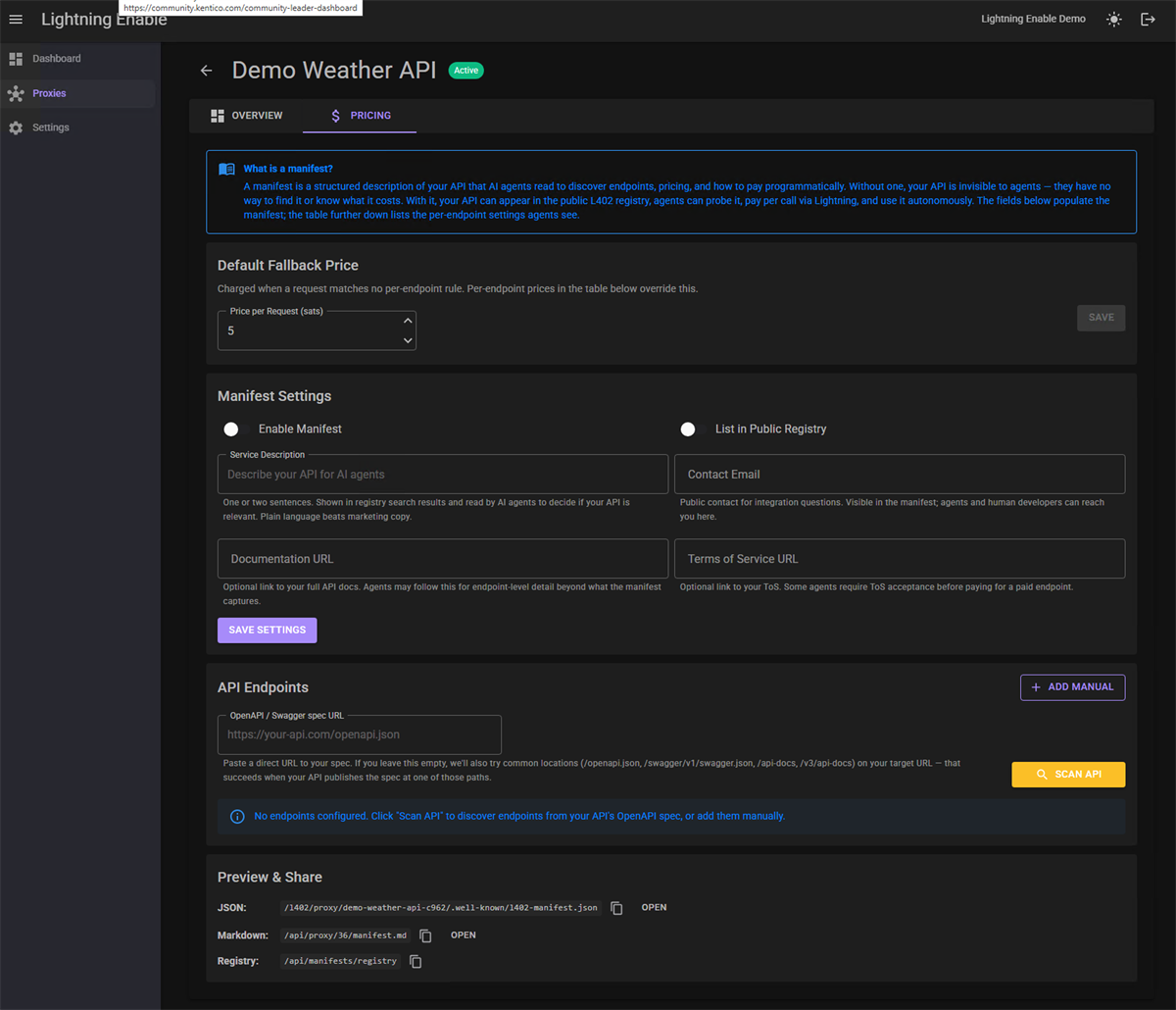 Lightning Enable proxy pricing tab — every endpoint with its individual sat price, manifest visibility, and L402 status
